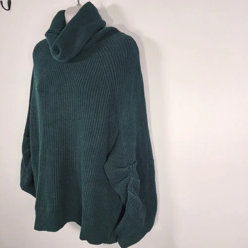Cabi Women Pullover Sweater Small Green Knit Ruched Sleeve Cowl Neck Cotton 3532